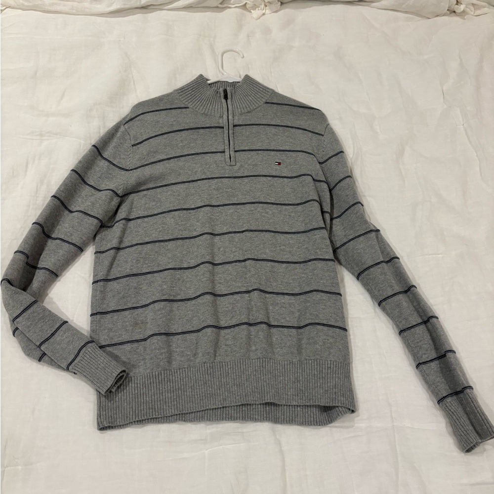 Worn twice - Men’s Tommy Hilfiger Gray and Black Striped Zip-Up Sweater